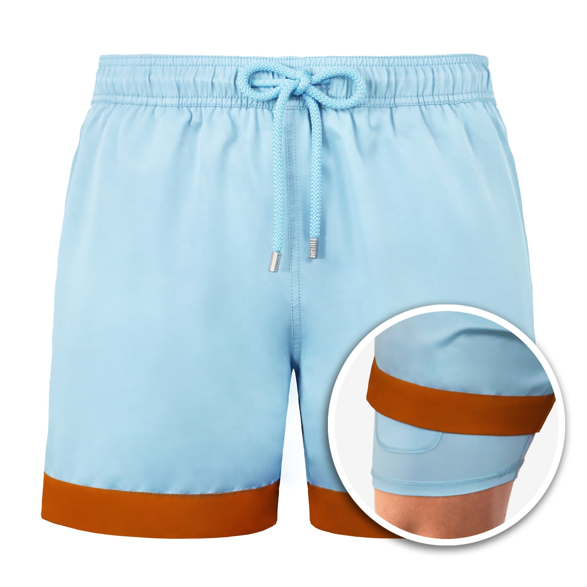 Light blue shorts with brown accents on a white background