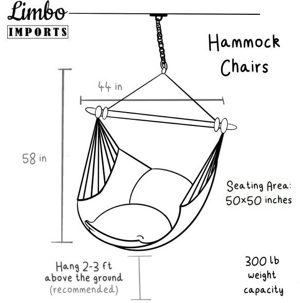 Diagram of a hammock chair with dimensions and specifications, branded as Limbo Imports.