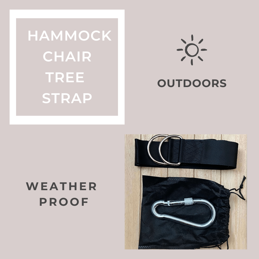 Hammock chair tree strap with carabiner and packaging on a light background