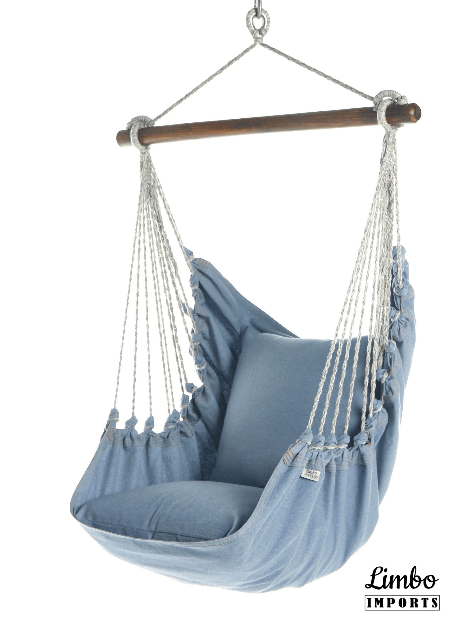 Blue hammock chair with white ropes on a white background, featuring the Limbo Imports logo.