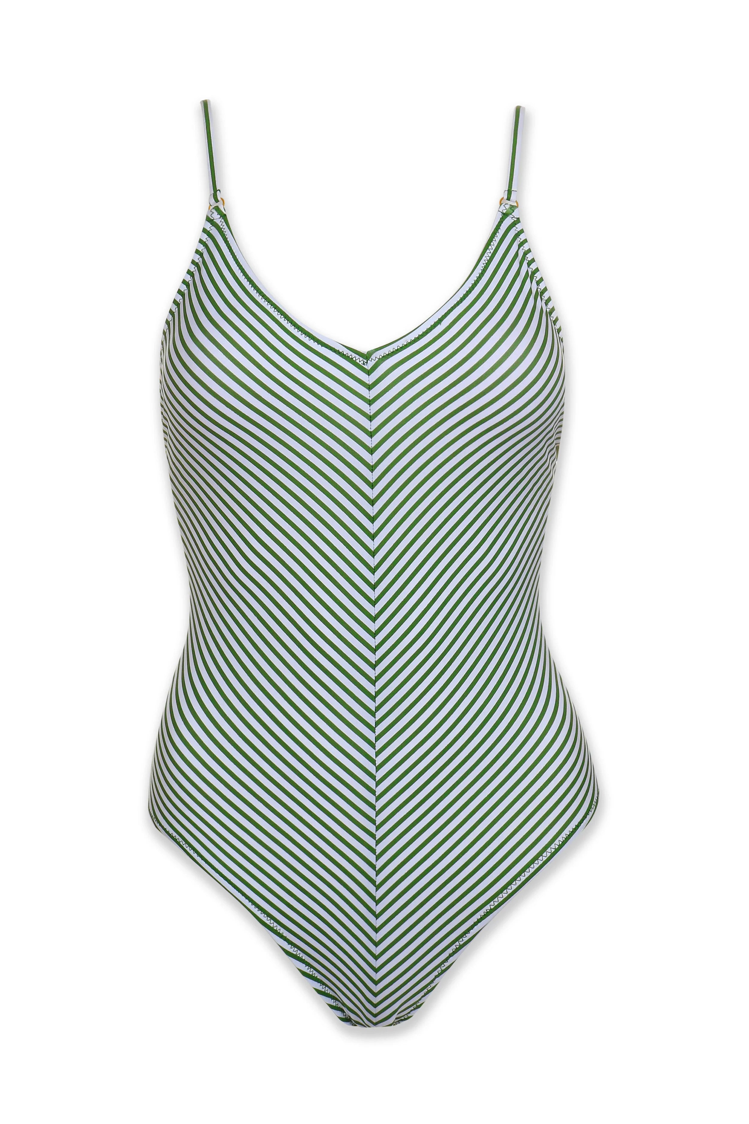 Green and white striped swimsuit on a white background
