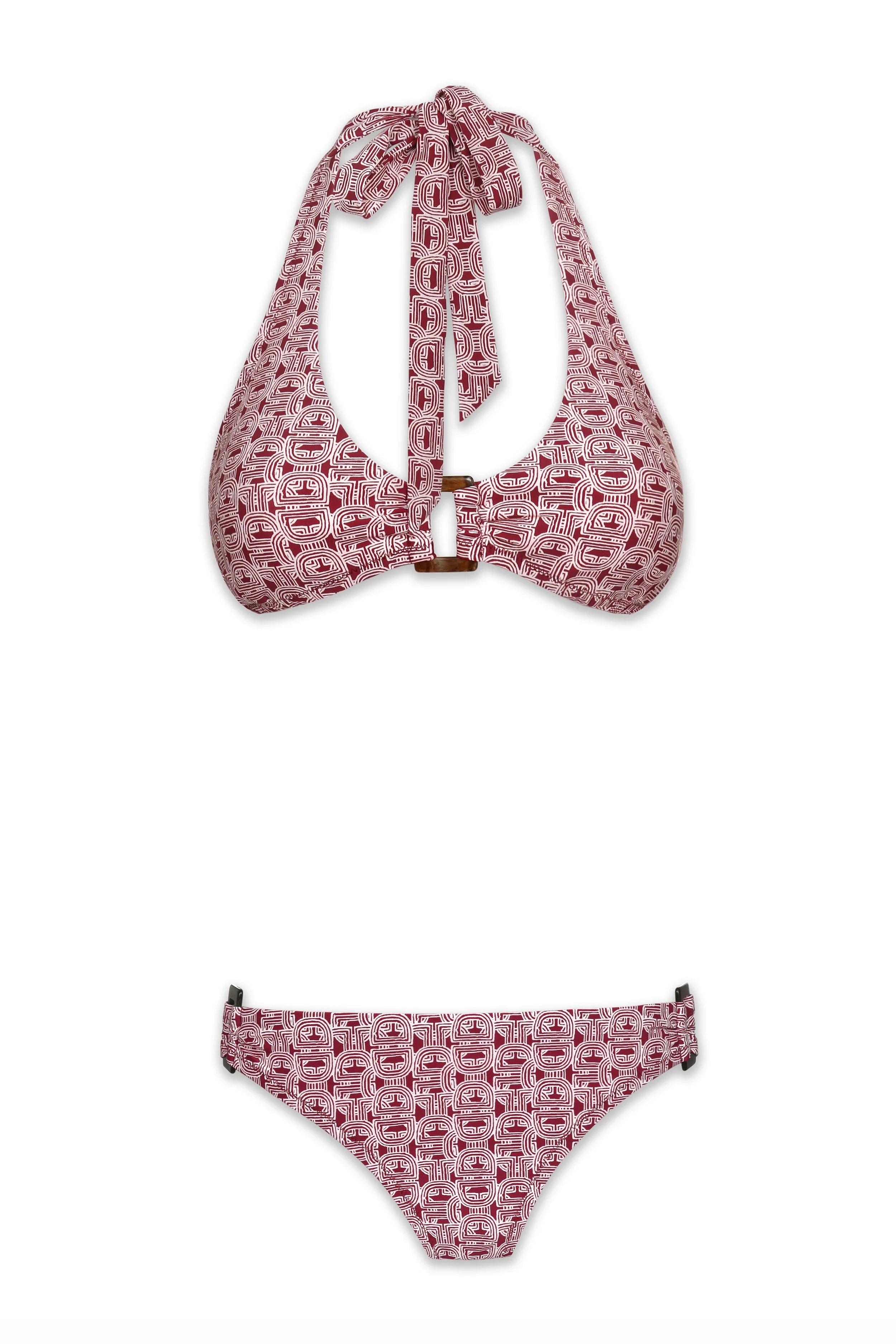 Pink bikini set with floral pattern on a white background