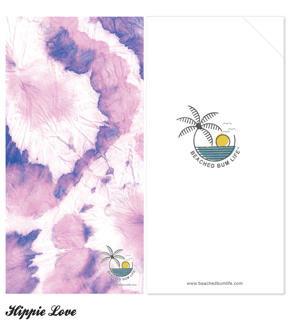 Purple and white abstract design with 'Beached Bum Life' logo and 'Hippie Love' text.
