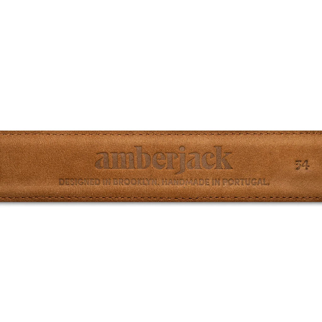 Brown leather strap with 'amberjack' branding on a white background