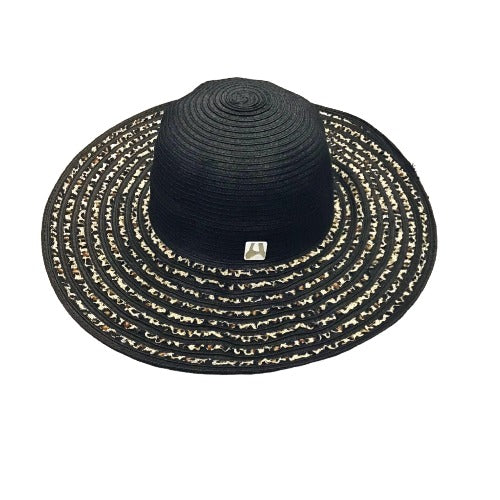 Black Animal Print Ribbon Straw Beach Hat
