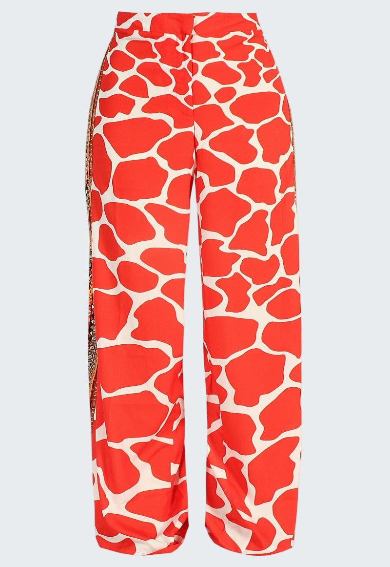 Red and white patterned pants on a white background