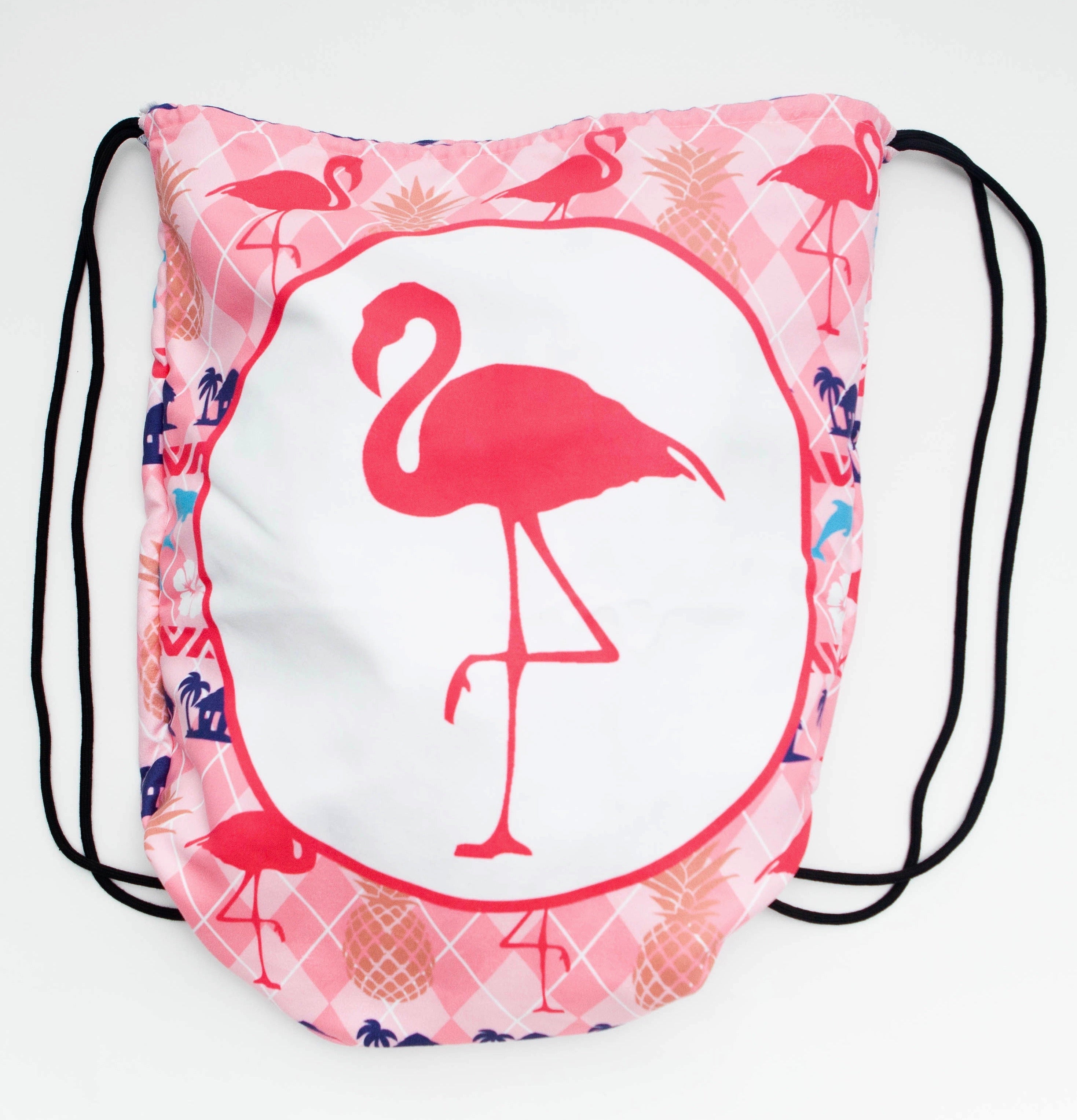 Drawstring bag with pink flamingo design on a white background