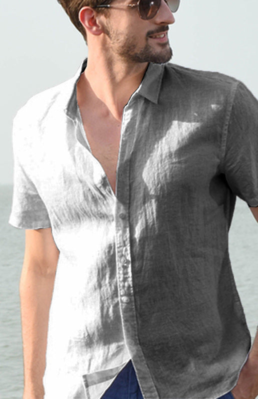 Linen Lapel Button Short-Sleeved Shirt