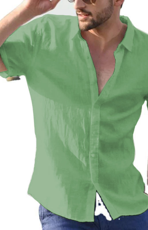 Linen Lapel Button Short-Sleeved Shirt