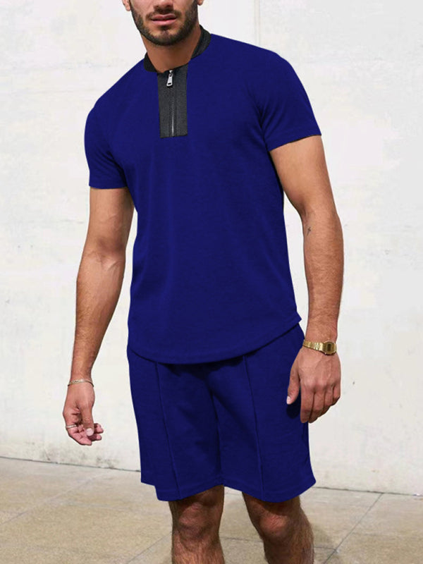 Waffle V-Neck Zipper T-Shirt and Shorts Set