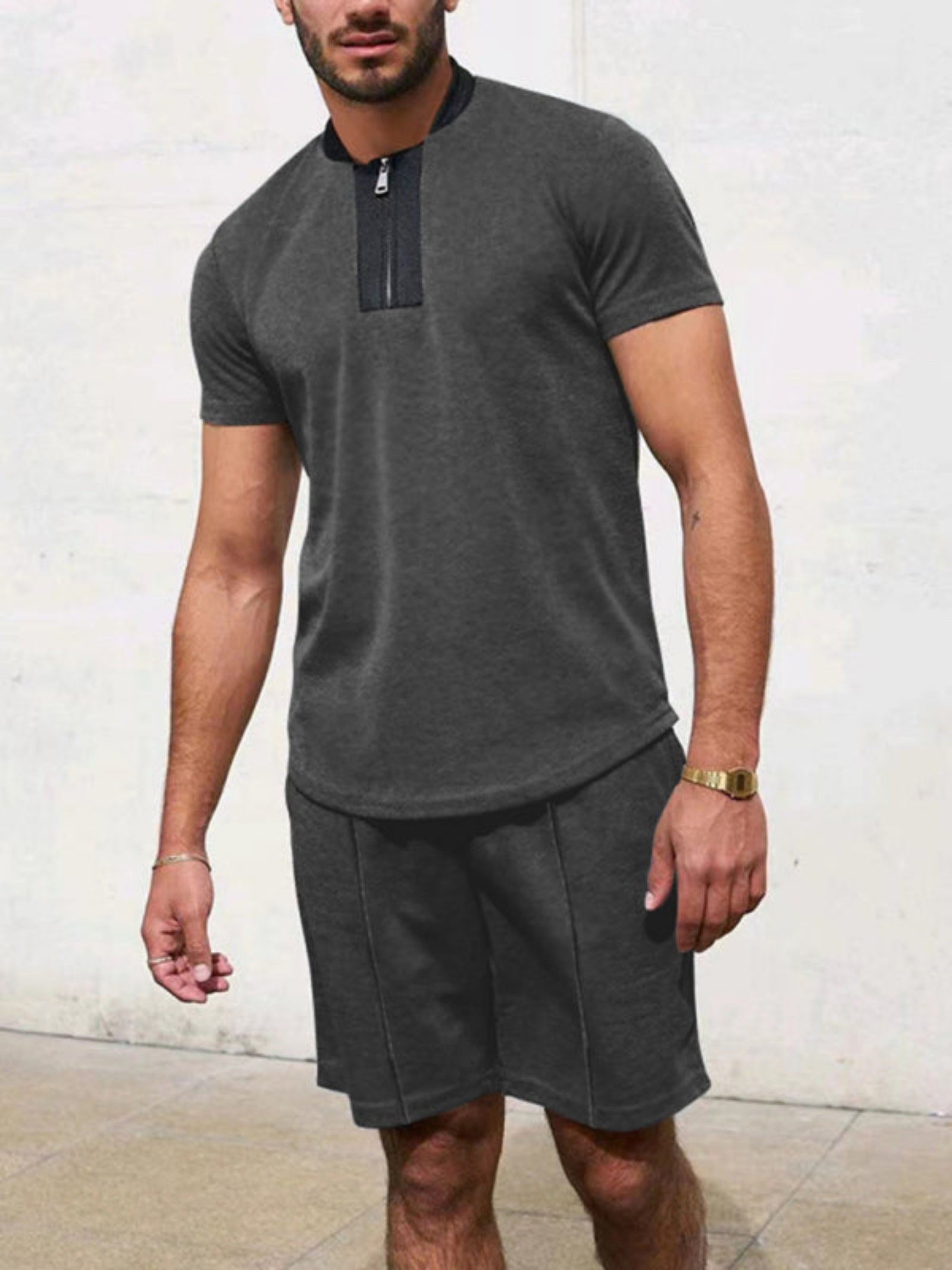 gray shorts and shirt set