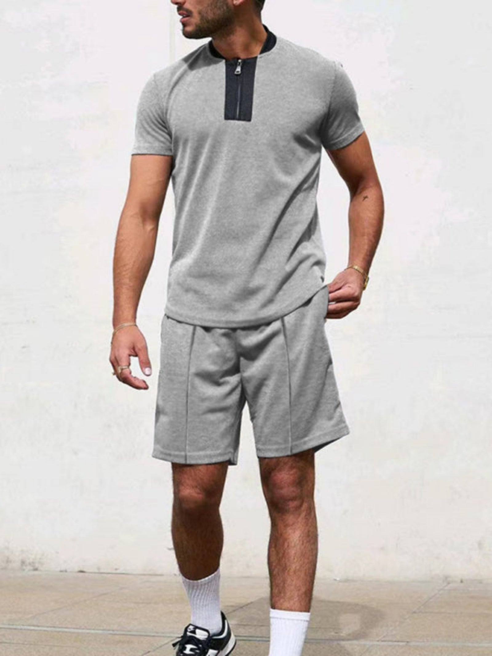 gray shorts and shirt set