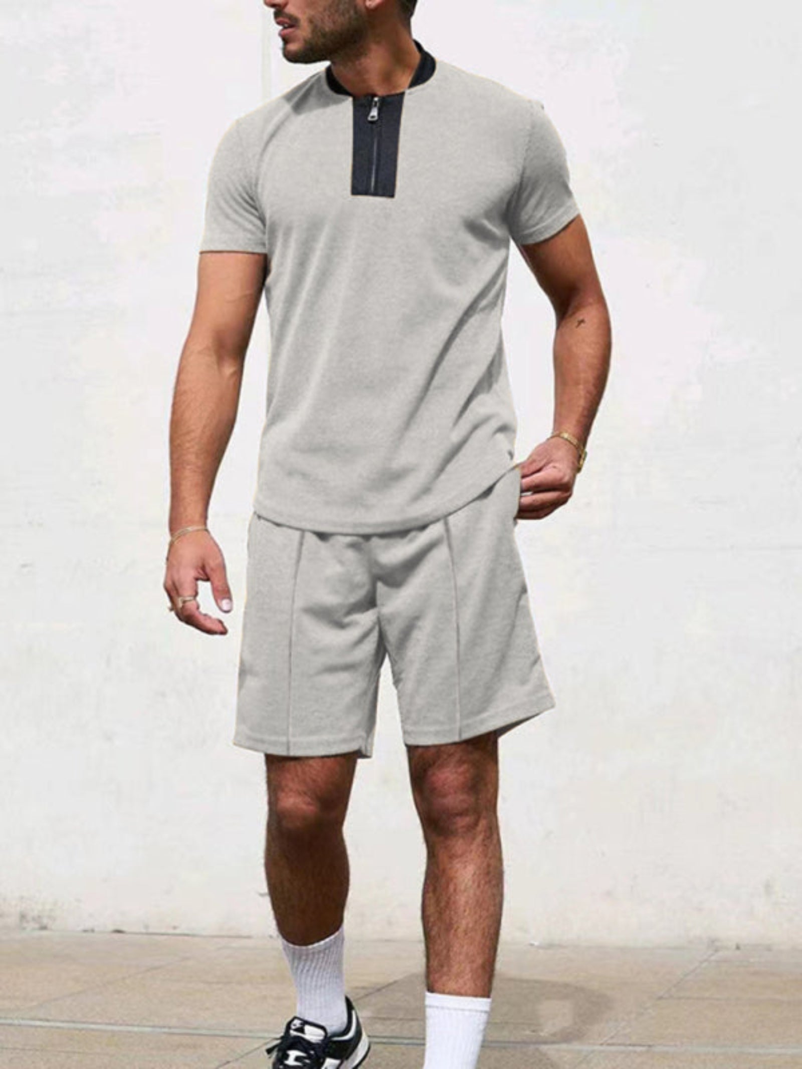 gray shorts and shirt set
