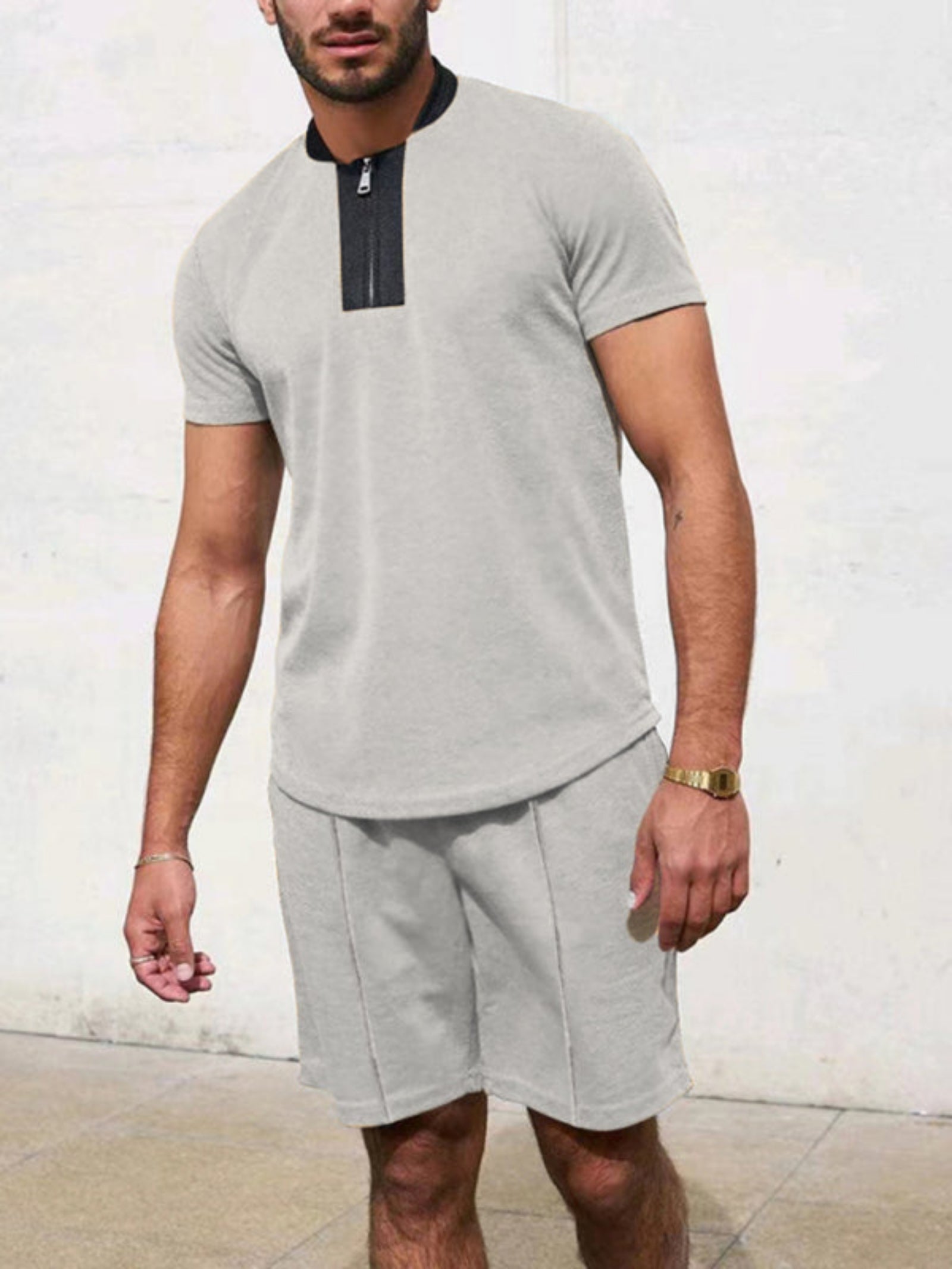 gray shirt and shorts set