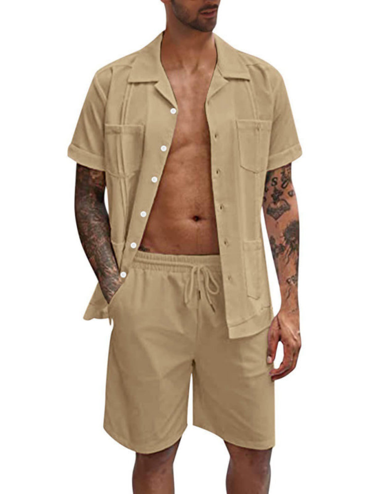 beige shirt and shorts set