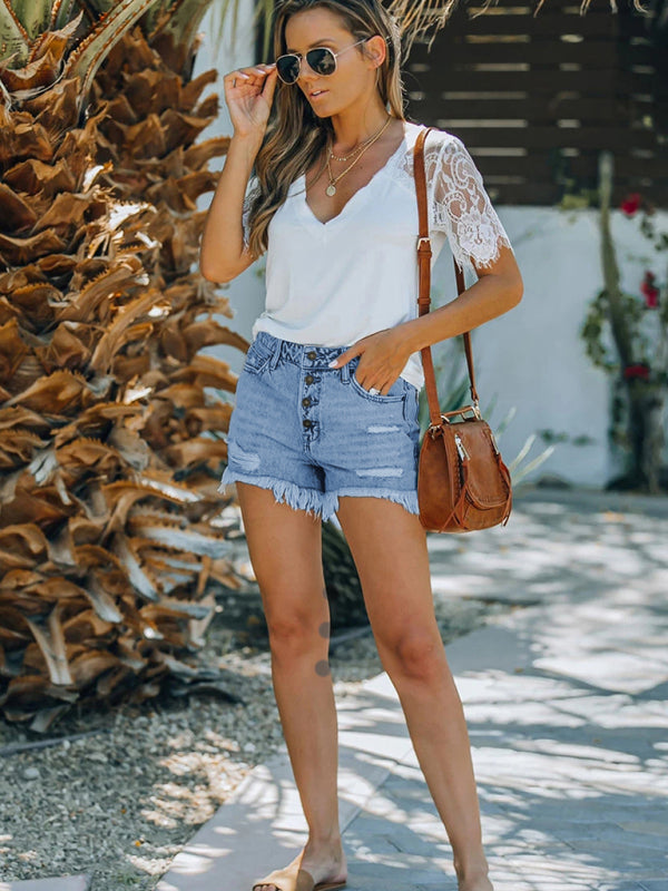 Mid Waist Buttoned Washed Ripped Denim Shorts