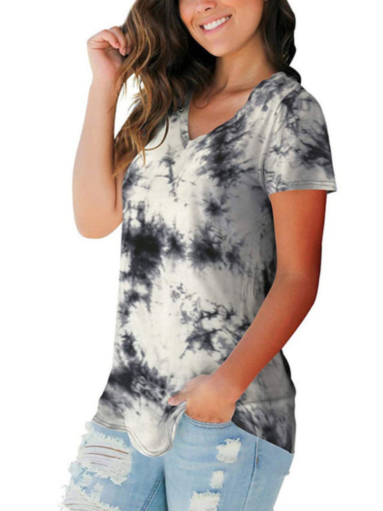 bland and white tied dye shirt