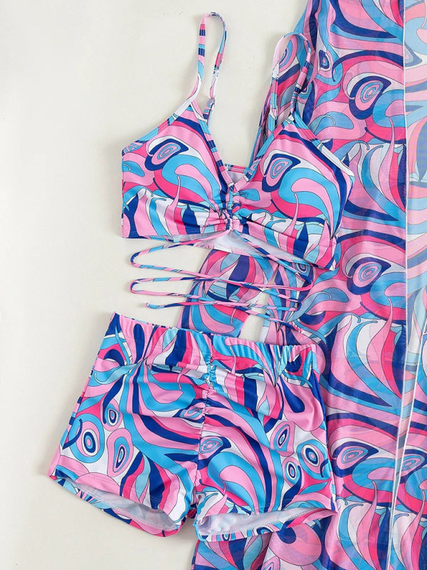 Split Three-Piece Drawstring Bikini