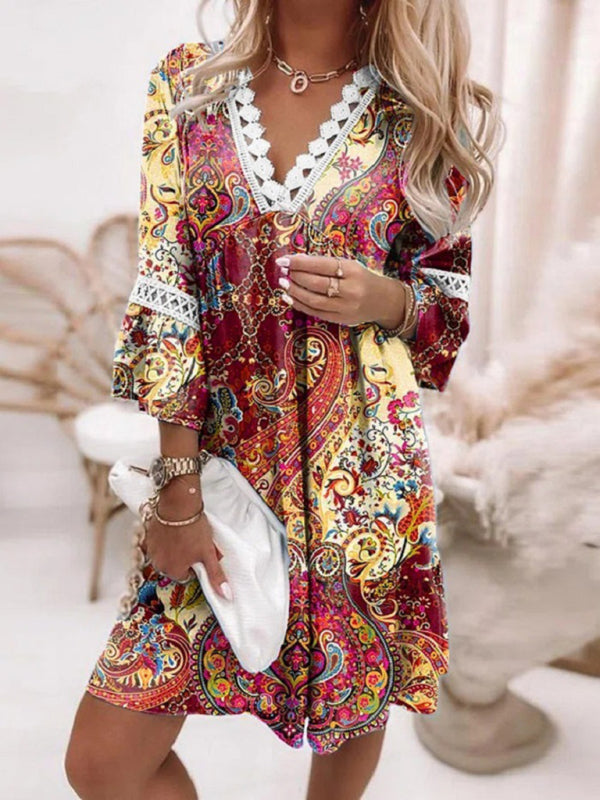 V-Neck Printed Lace Paneled Bohemian Dress