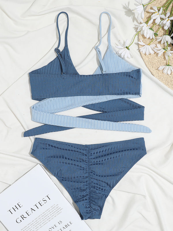 Colorblock Cross Strap High Waist Bikini