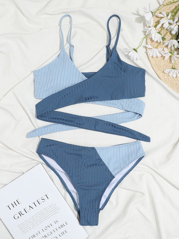 Colorblock Cross Strap High Waist Bikini