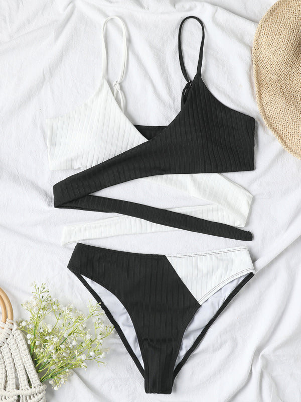 Colorblock Cross Strap High Waist Bikini