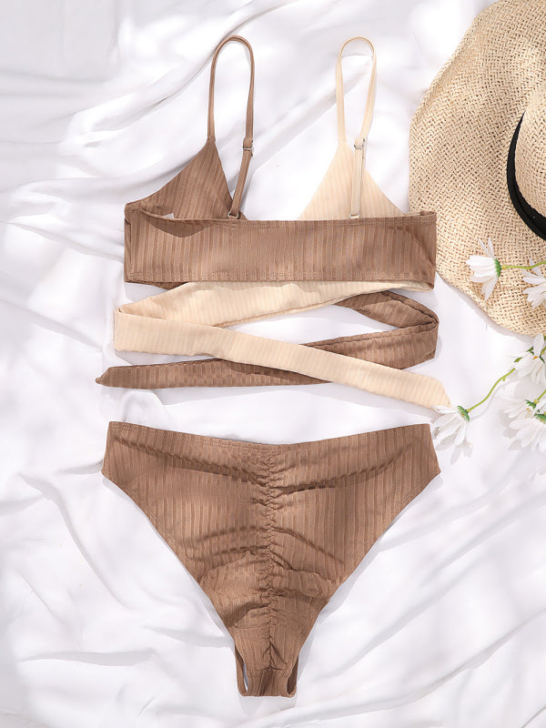 Colorblock Cross Strap High Waist Bikini