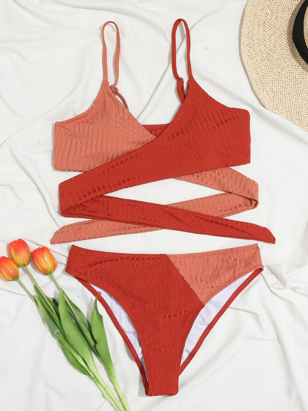 Colorblock Cross Strap High Waist Bikini