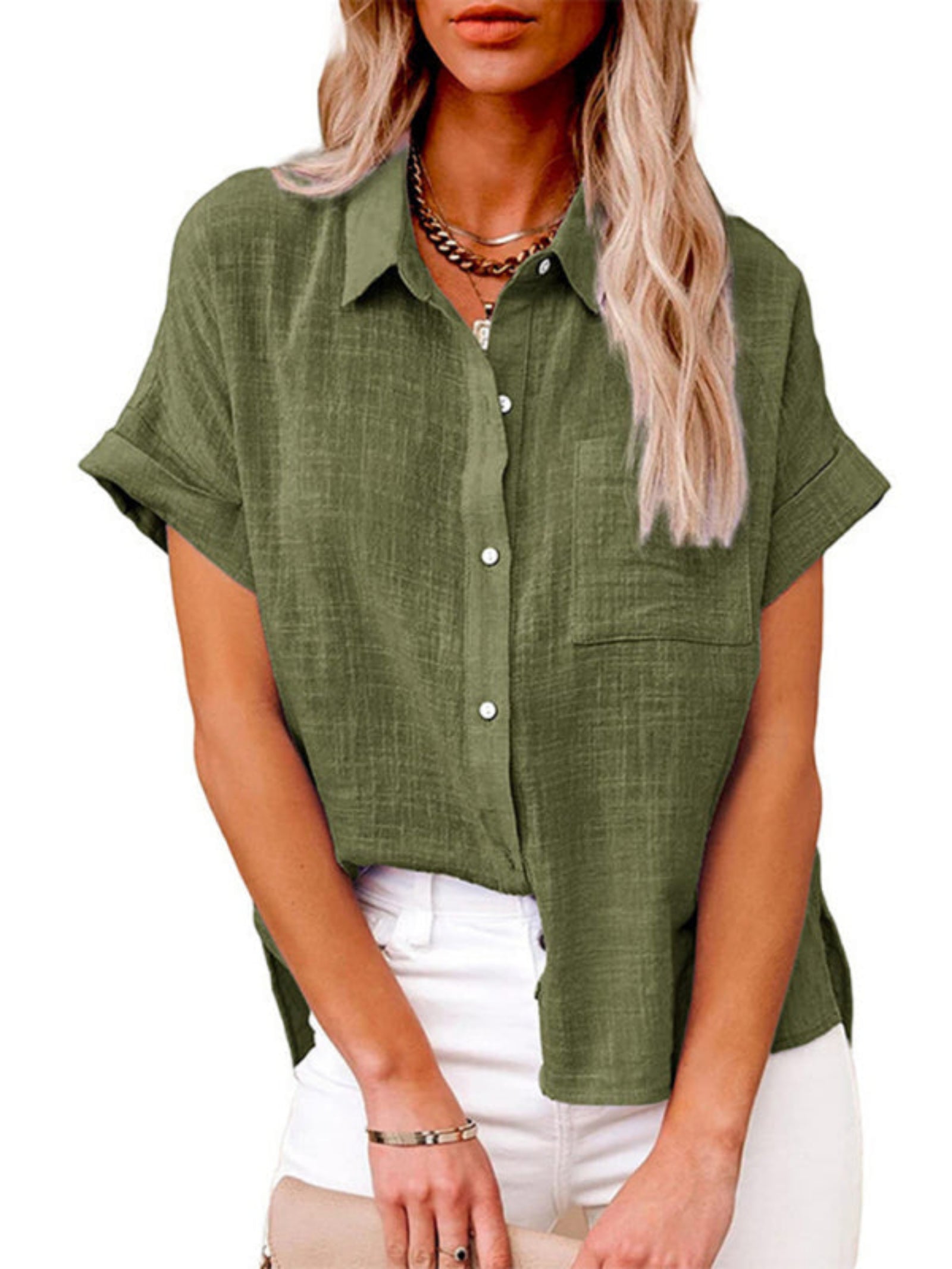 Woven Casual Loose Lapel Short Sleeved Shirt