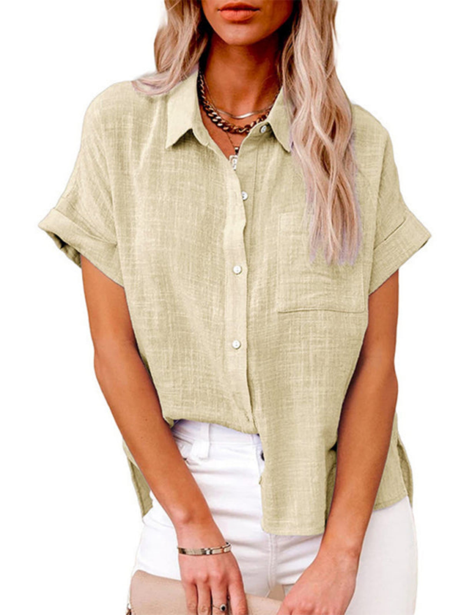 Woven Casual Loose Lapel Short Sleeved Shirt