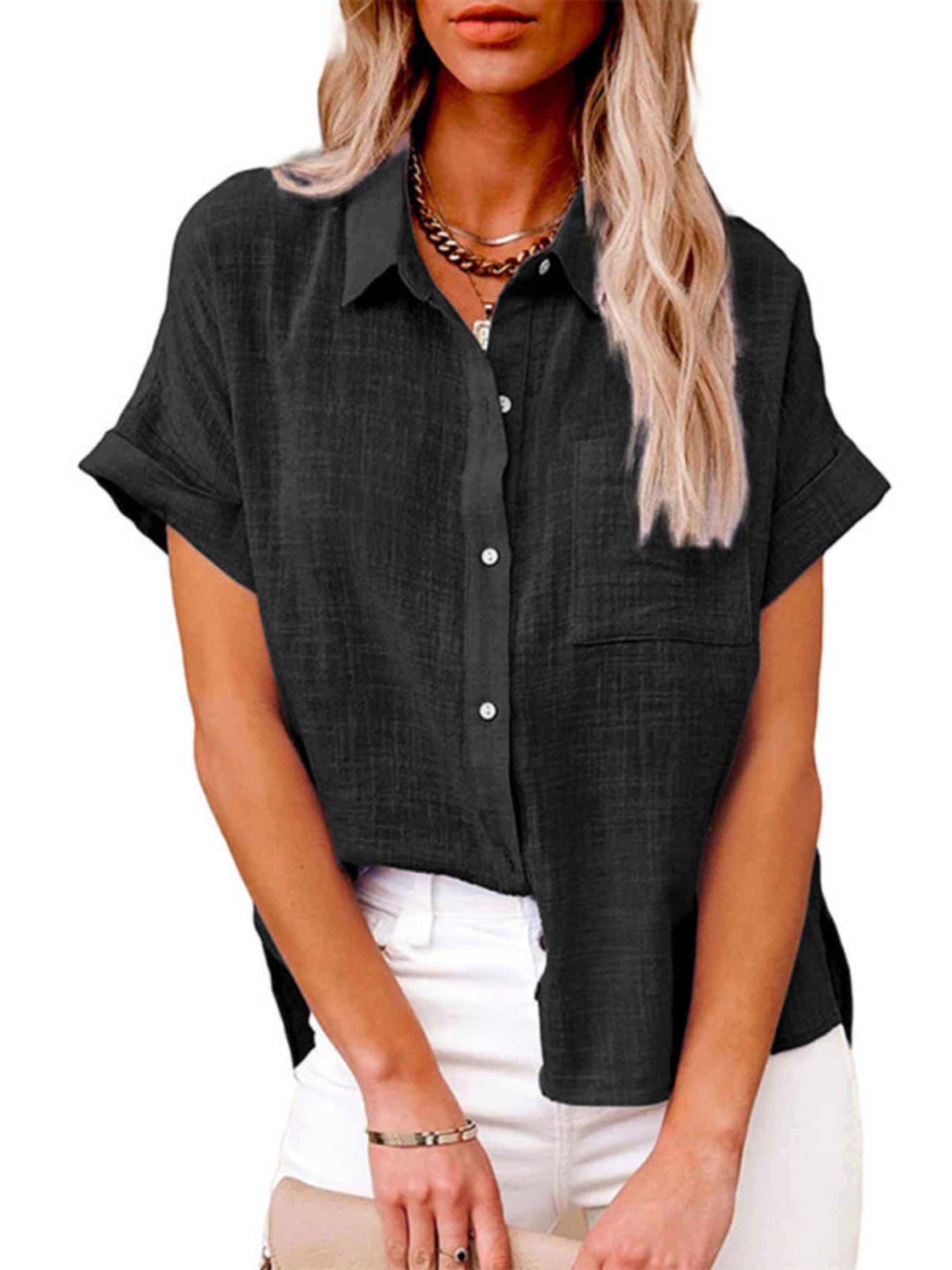 Woven Casual Loose Lapel Short Sleeved Shirt