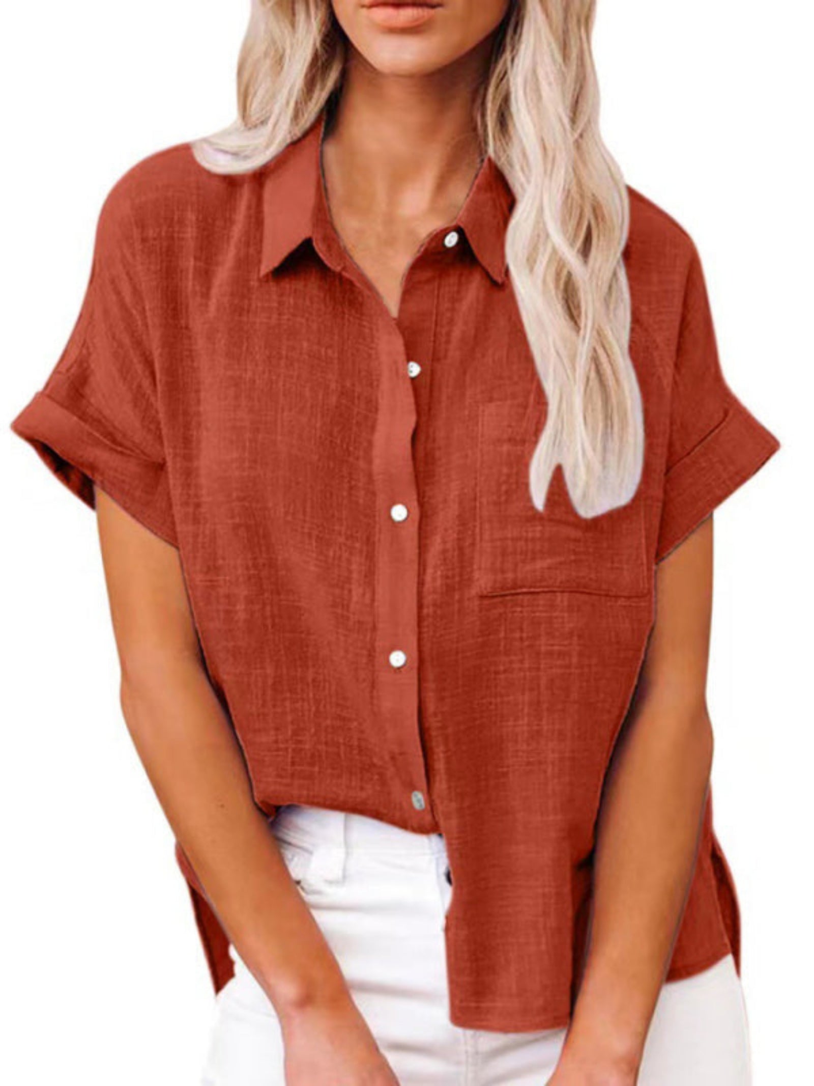 Woven Casual Loose Lapel Short Sleeved Shirt