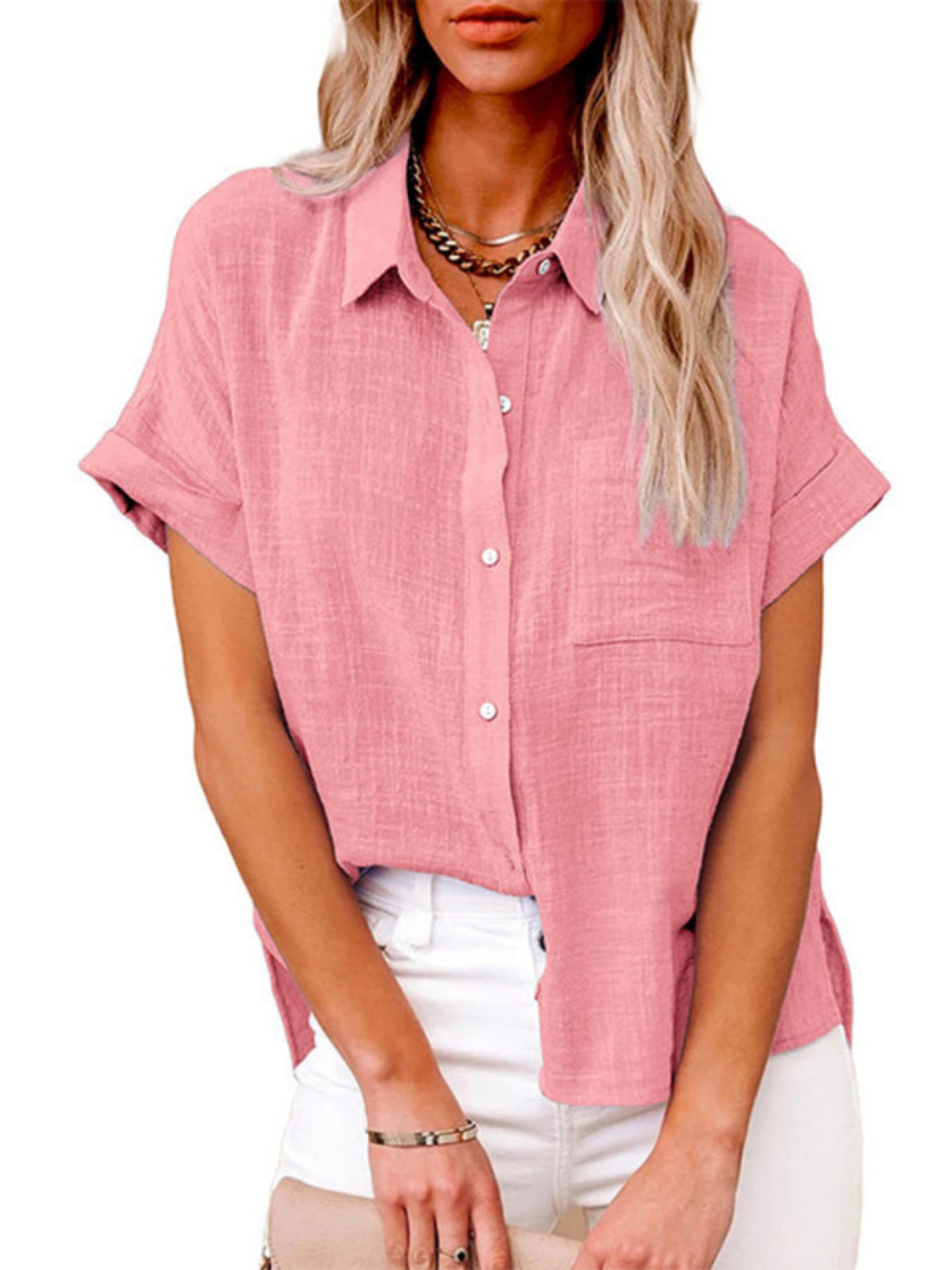 Woven Casual Loose Lapel Short Sleeved Shirt
