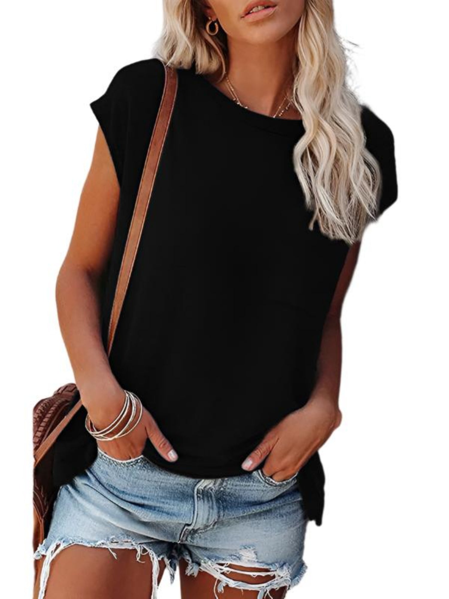 Pocket Off Shoulder Round Neck Short Sleeve T-Shirt