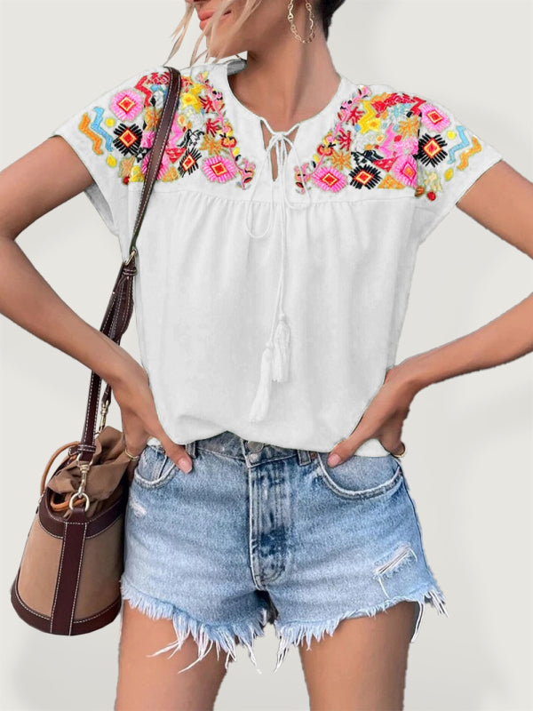 Embroidered Tassel Tie Collar Batwing Shirt