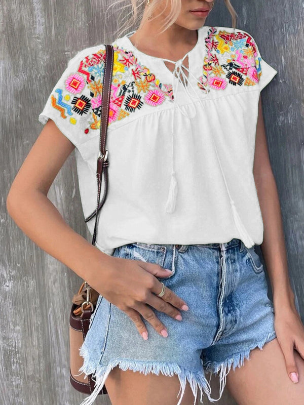 Embroidered Tassel Tie Collar Batwing Shirt
