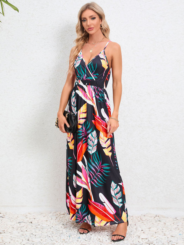Tropical Suspender Backless Slim Dress