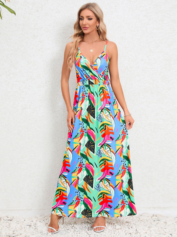 Tropical Suspender Backless Slim Dress