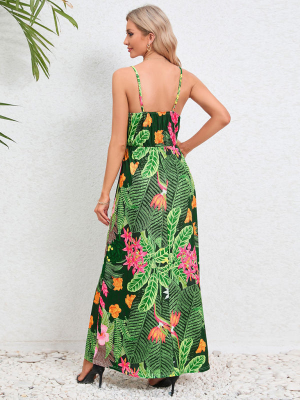 Tropical Suspender Backless Slim Dress