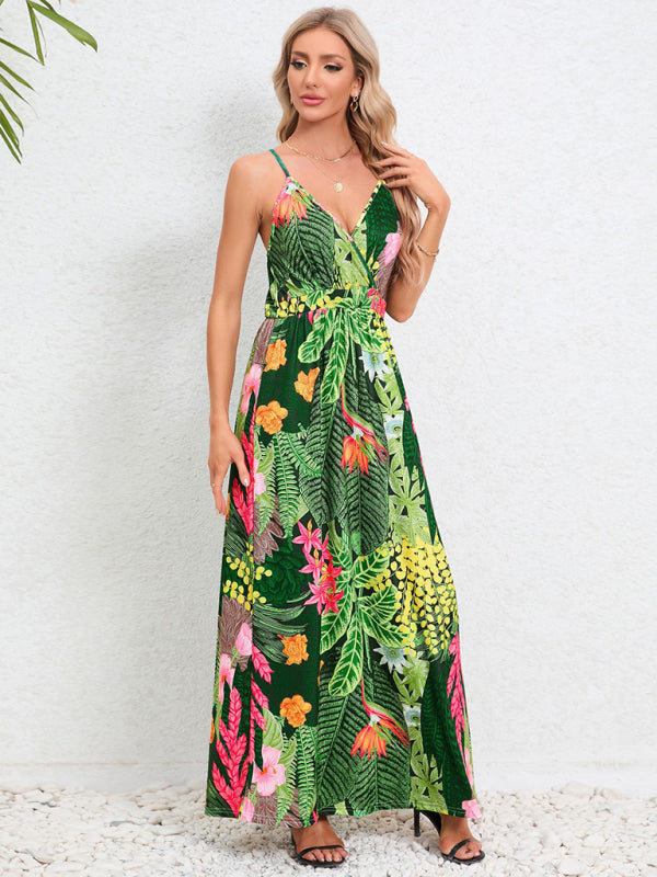 Tropical Suspender Backless Slim Dress