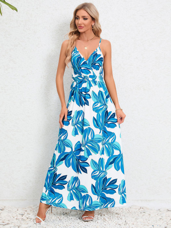 Tropical Suspender Backless Slim Dress