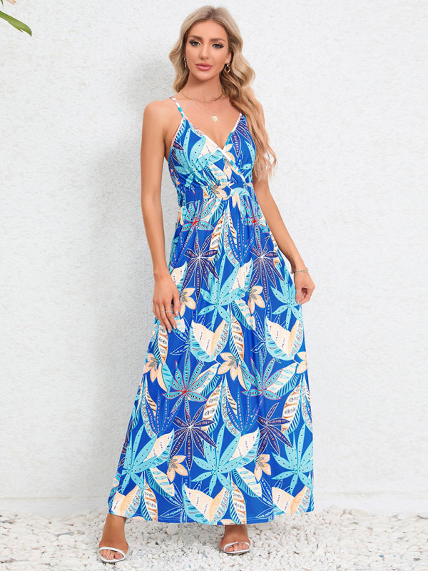 Tropical Suspender Backless Slim Dress