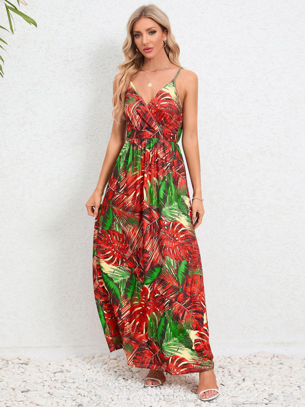 Tropical Suspender Backless Slim Dress