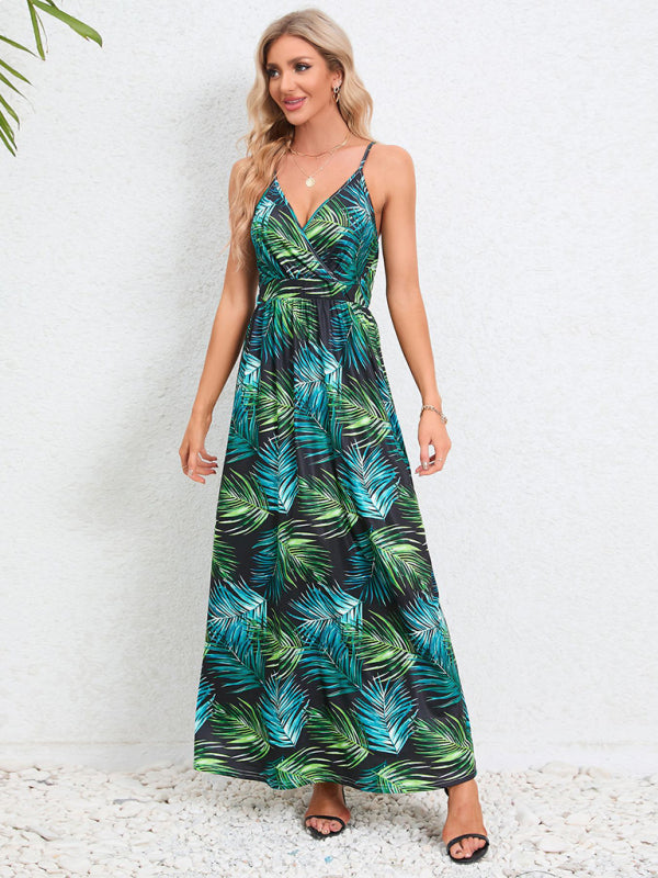 Tropical Suspender Backless Slim Dress