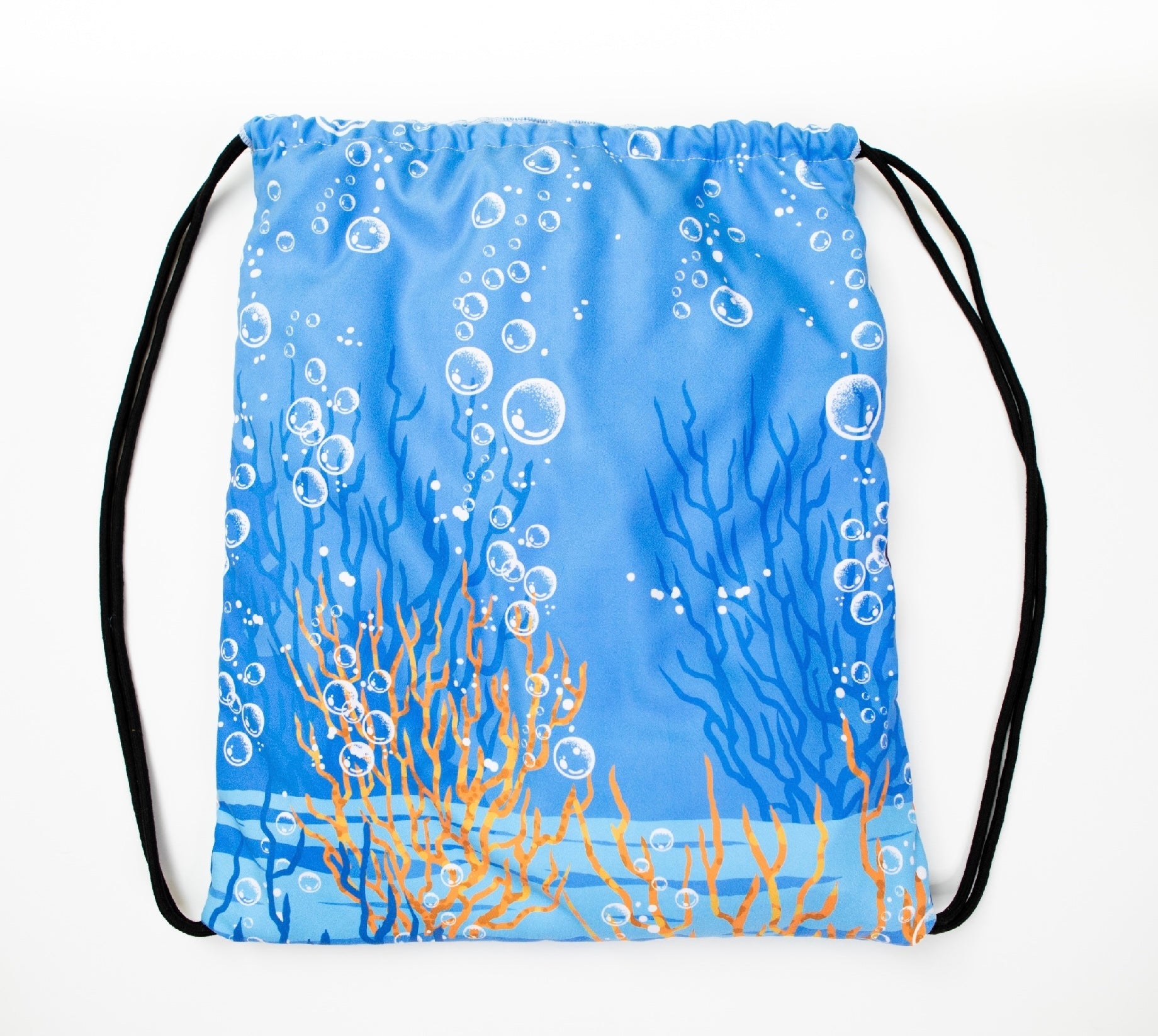 Drawstring bag with underwater design featuring bubbles and coral on a blue background