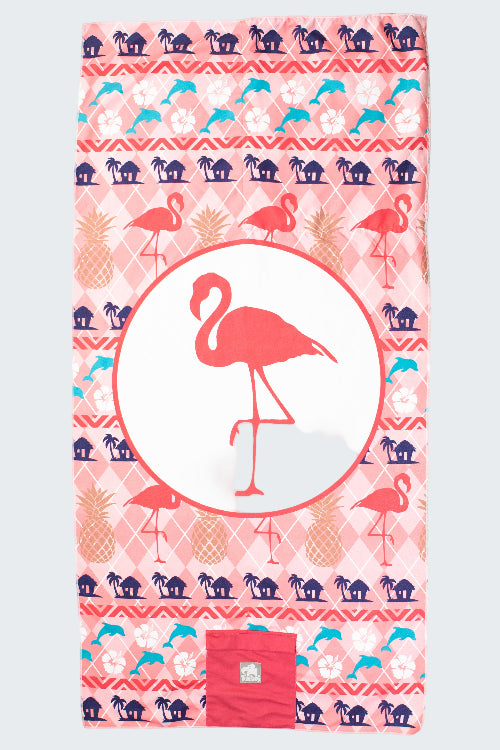 Towel with flamingo design and colorful pattern on a white background