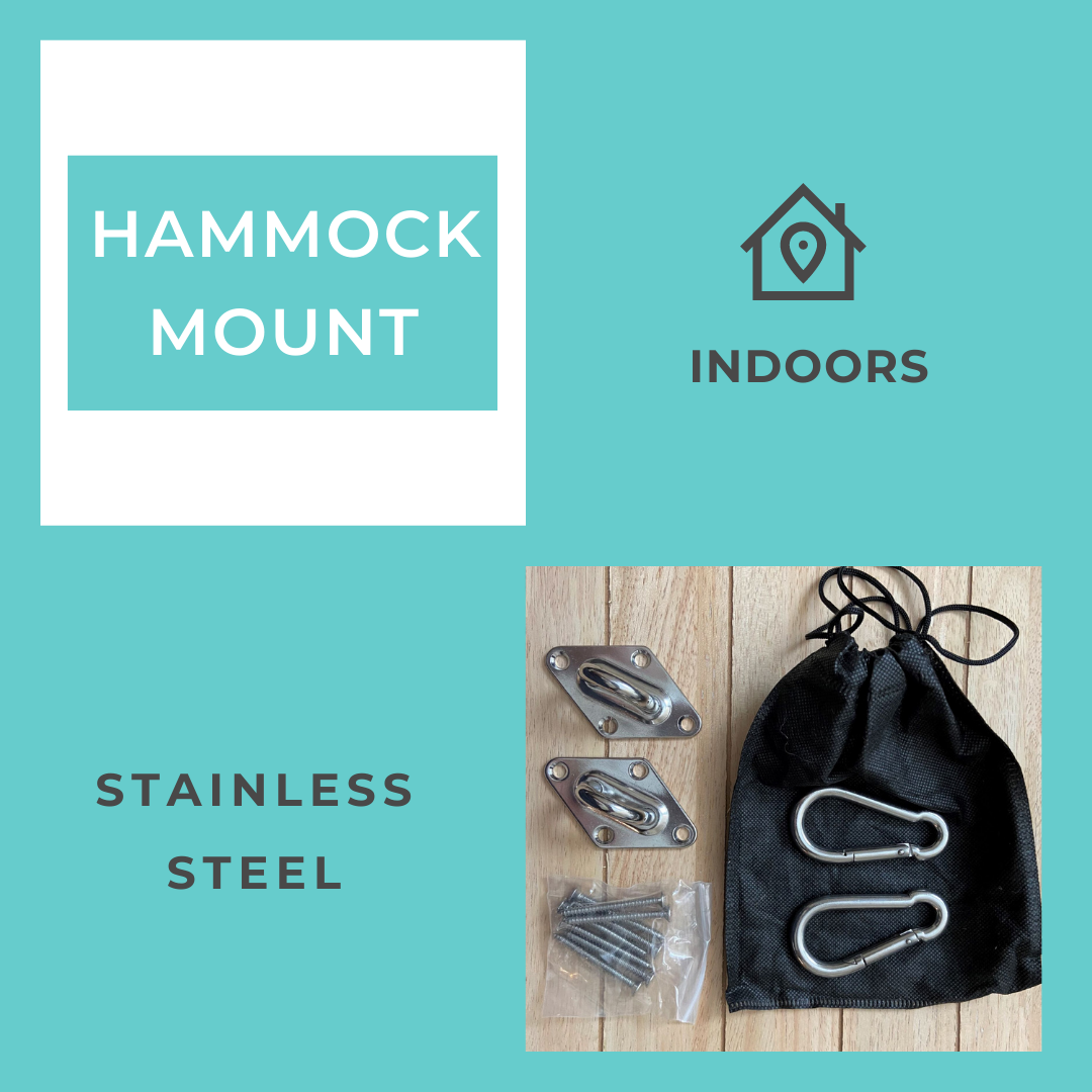 Hammock mount kit with stainless steel components on a wooden surface against a teal background.
