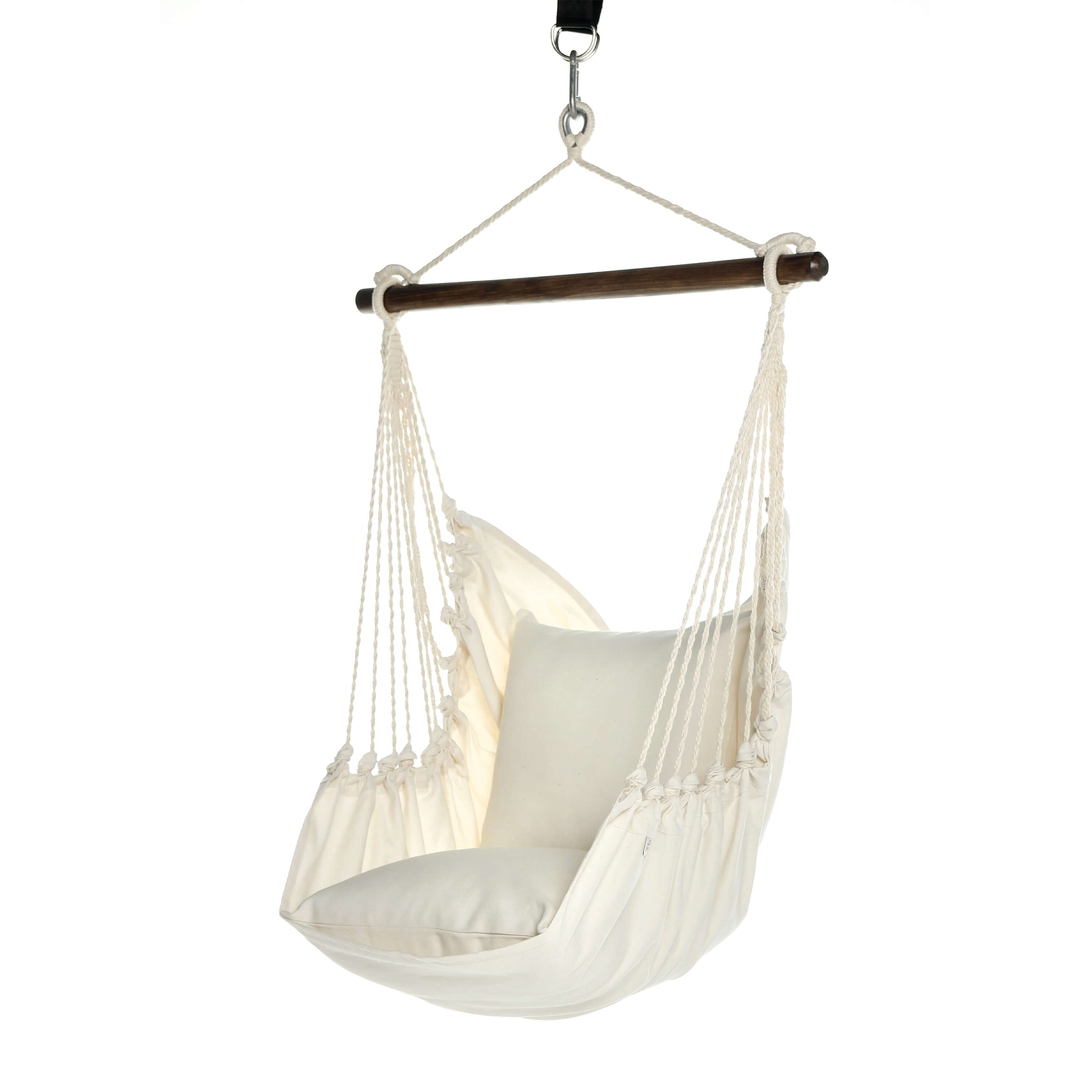 White hammock chair with wooden handle on a white background
