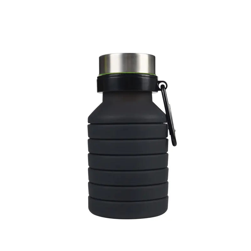 Black collapsible water bottle with a silver cap on a white background