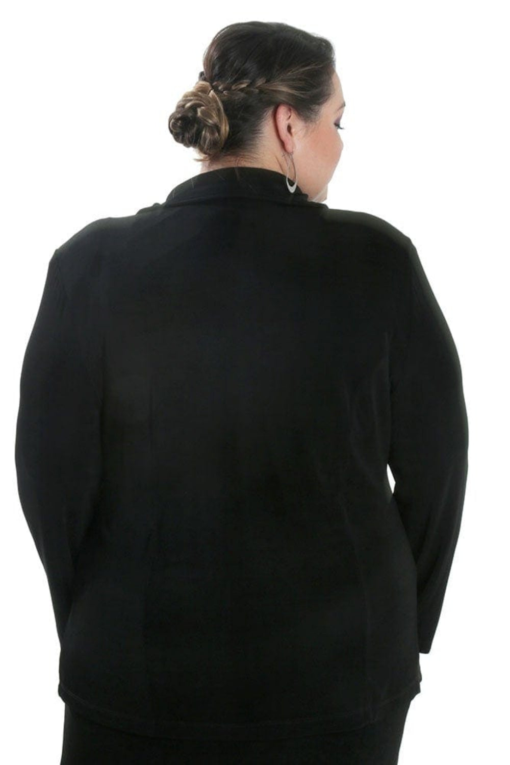 Person wearing a black jacket on a white background